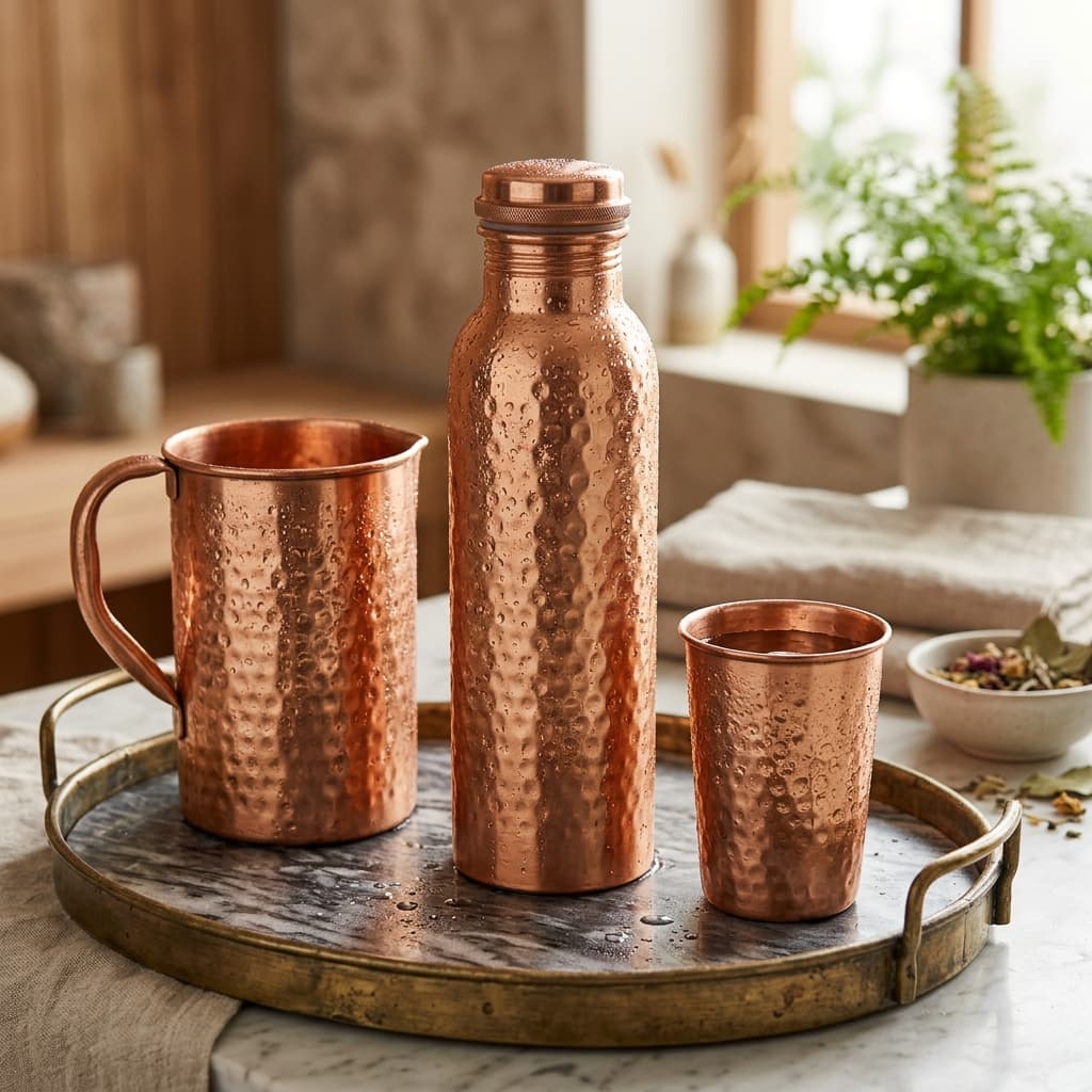 4YORKARE 100% Pure Copper Water Bottle with Leakproof Cap (1 Litre / 33.8 Oz) Smooth Mirror Finish — Detail view