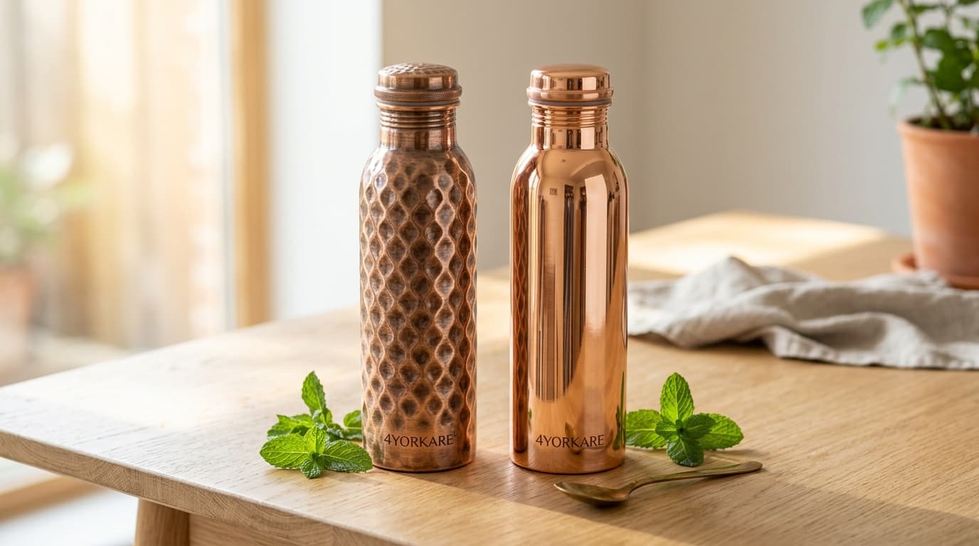 4YORKARE Pure Copper Ayurvedic Water Bottle with Hammered Texture & Leakproof Screw Cap (1000 ML) — Detail view