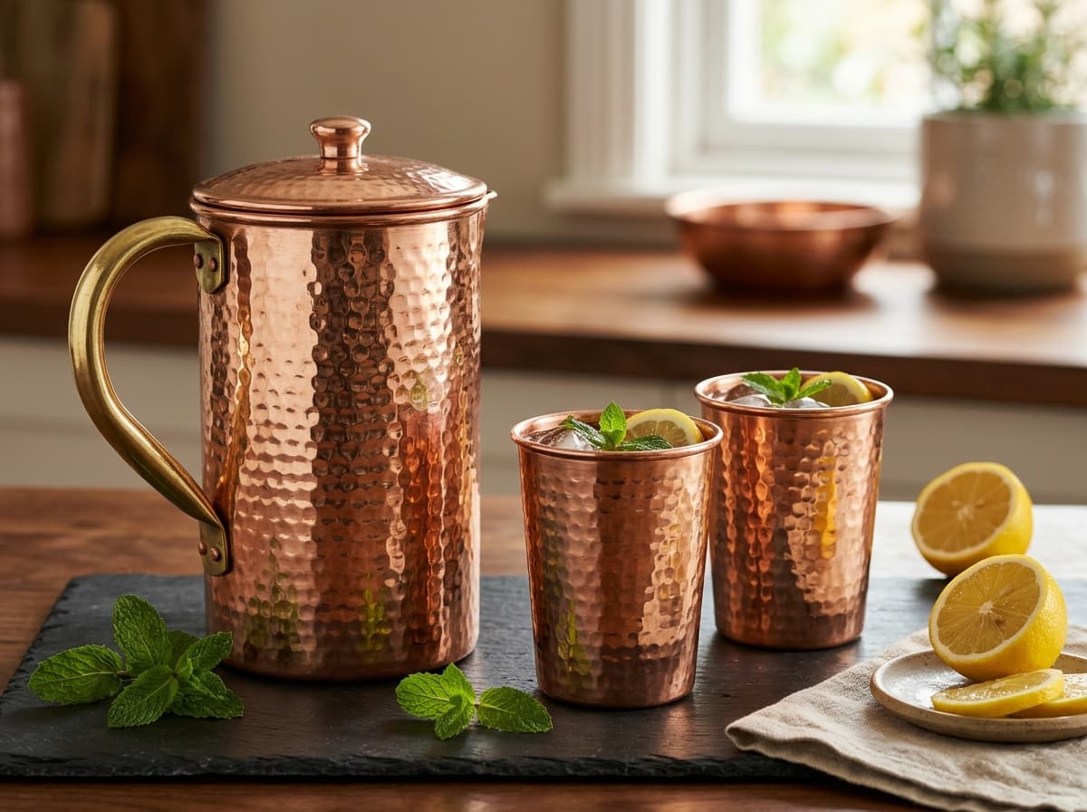4YORKARE Luxury Pure Copper Pitcher & Glasses Gift Set – 1 Hammered Pitcher (1500 ML) + 2 Tumblers with Snug Lid