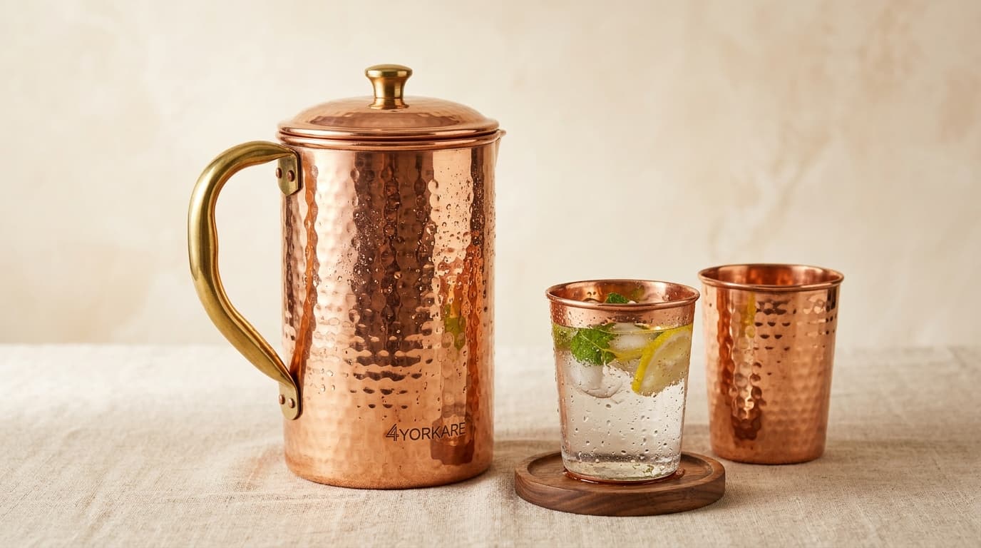 4YORKARE Luxury Pure Copper Pitcher & Glasses Gift Set – 1 Hammered Pitcher (1500 ML) + 2 Tumblers with Snug Lid — Detail view