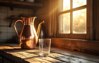 _A rustic kitchen counter with a glowing copper water jug and a tumbler placed near a window with soft morning light coming in – cozy and vintage feel_-min