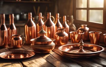 A rustic kitchen scene with various copper utensils like bottles, jugs, glasses, and a pooja thali placed on a wooden table in warm morning light. (2)-min