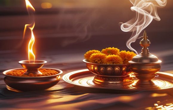 A serene home temple setup with diya flames glowing, a pure copper pooja thali, kalash, and incense smoke rising in warm morning light.-min
