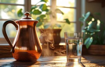 A warm, sunlit kitchen with a traditional copper jug and glass on a wooden table, steam rising from a window, and a cozy plant in the background.-min