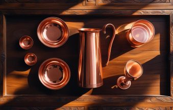 Flat lay of polished copper utensils (jug, bottle, and glass) on a traditional Indian wooden surface with natural light highlighting their shine. (1)-min